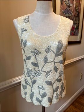 Very Important Pieces - Sequin Embroidered Cream & Silver Floral Sleeveless Top